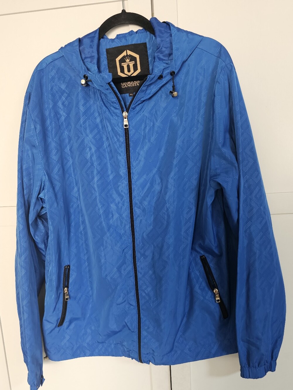 Glorious Gangsta Mens XL Blue Hooded Windbreaker Jacket Monogram Full Zip Street